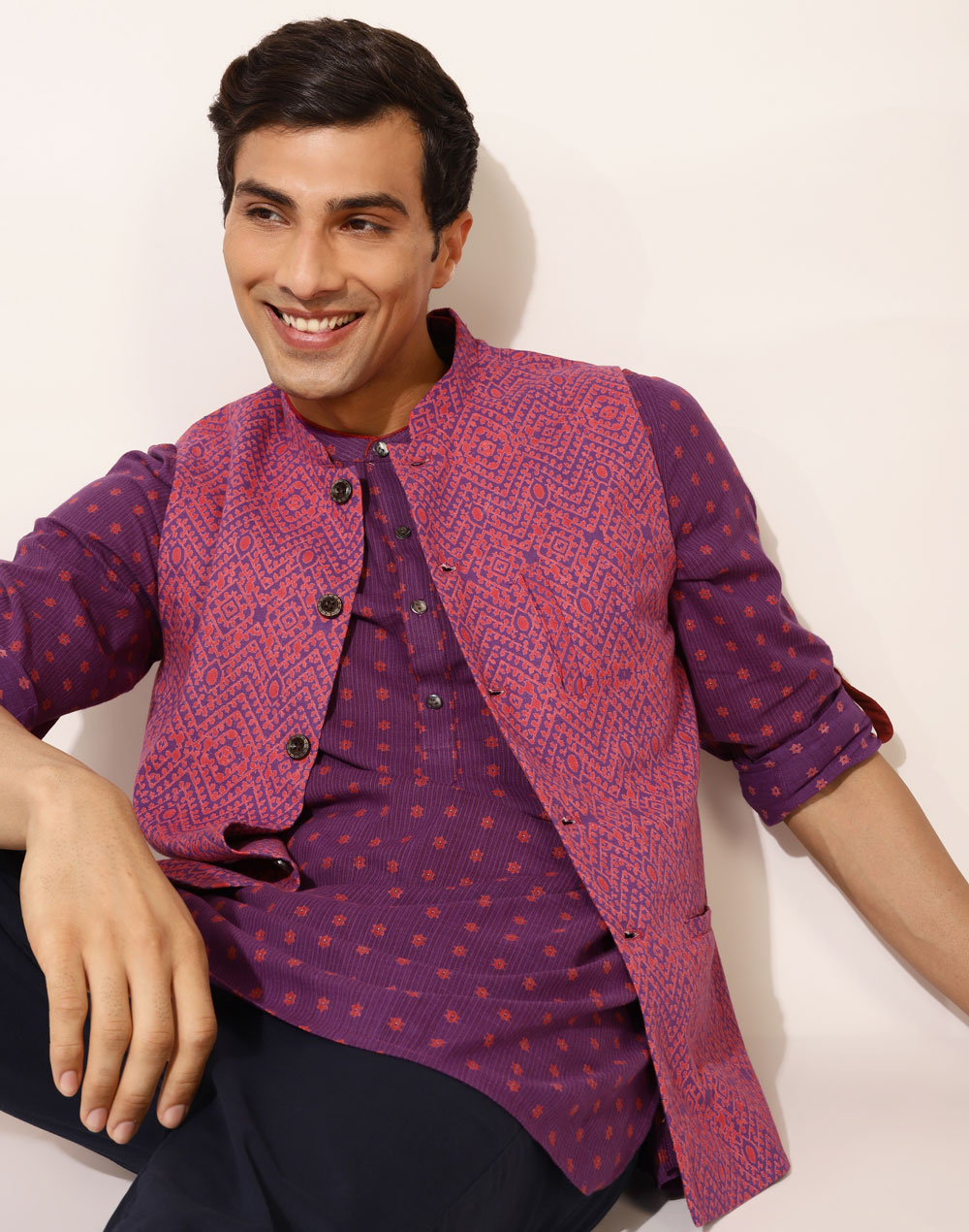 NUIndian Purple Cotton Printed Slim Fit Nehru Jacket