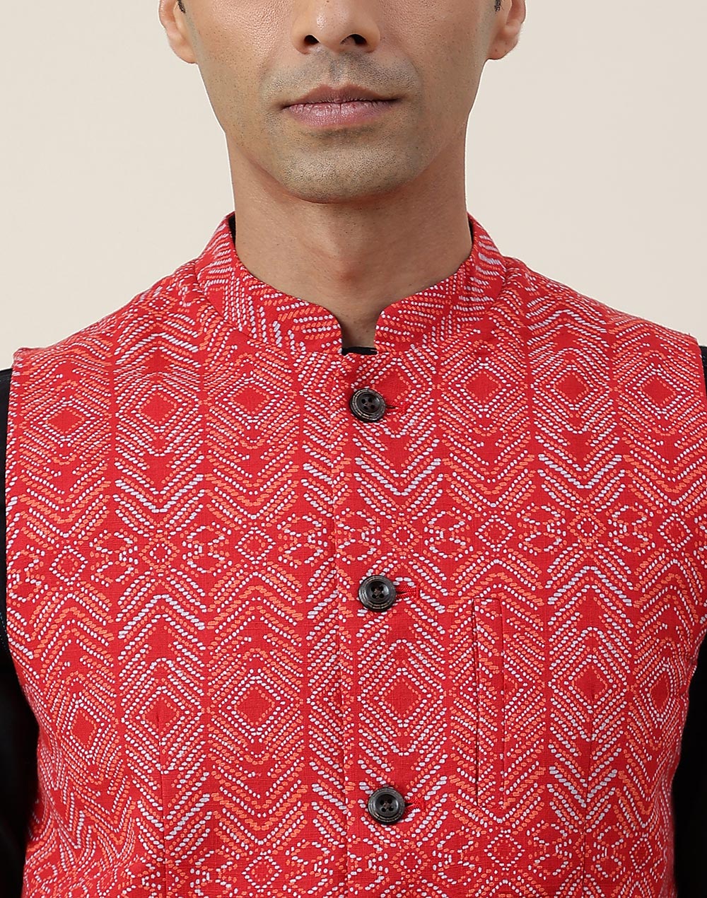 NUIndian Red Cotton Printed Slim Fit Nehru Jacket