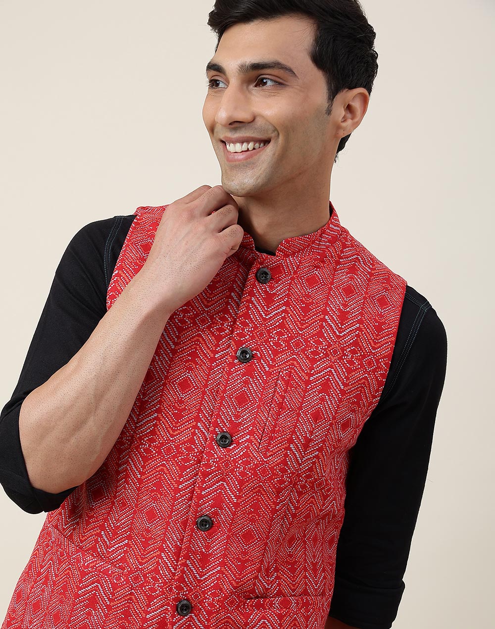 NUIndian Red Cotton Printed Slim Fit Nehru Jacket