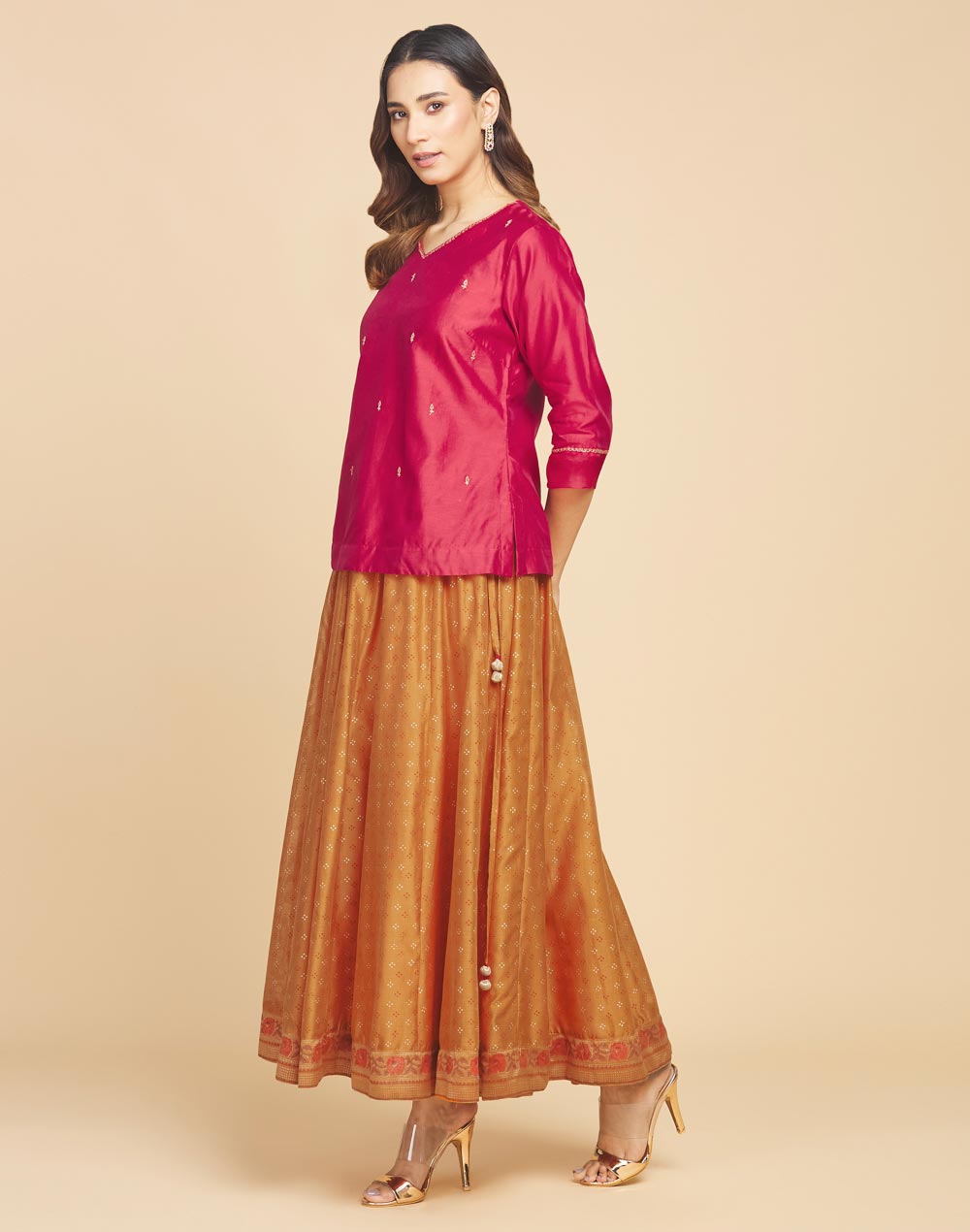 Red Cotton Silk Embroidered Slim Fit 2pc Skirt Set
