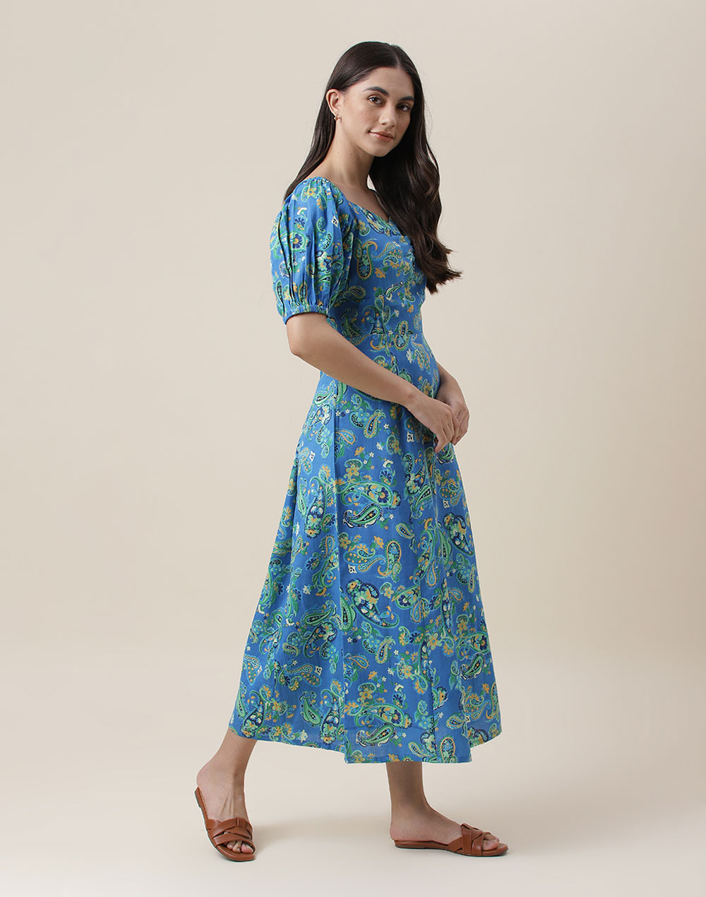 Buy FabNu Blue Cotton Linen Printed Midi Dress for Women Online at ...