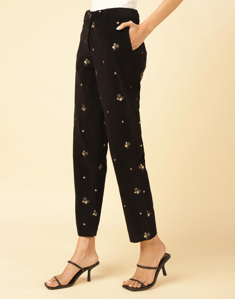Women Black Cotton Embroidered Ankle Length Regular Fit Pants