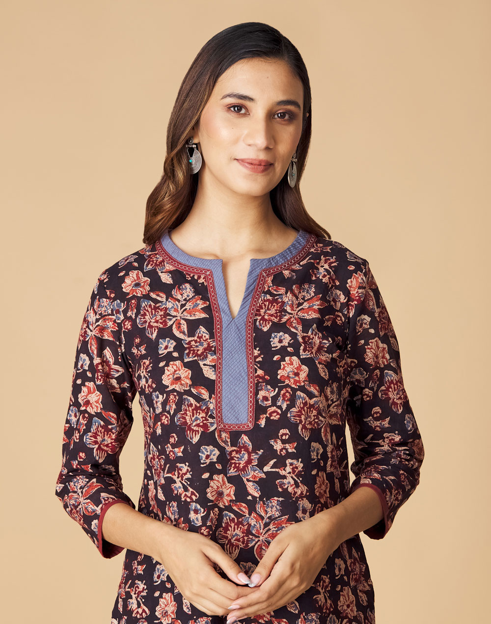 Buy Black Cotton Kalamkari Printed Short Kurta for Women Online at ...