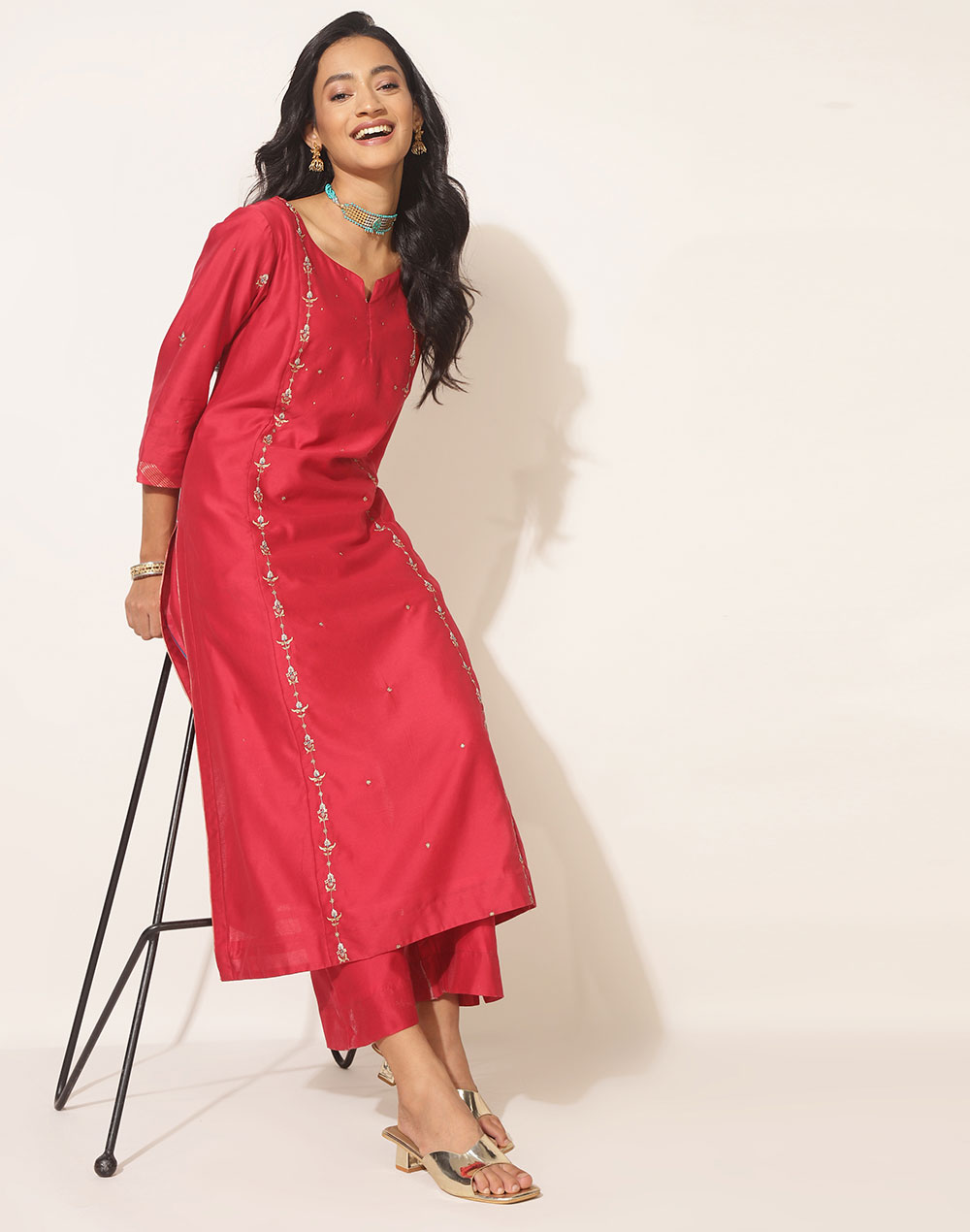 Buy Red Cotton Silk Embroidered 2Pc Kurta Set for Women Online at Fabindia