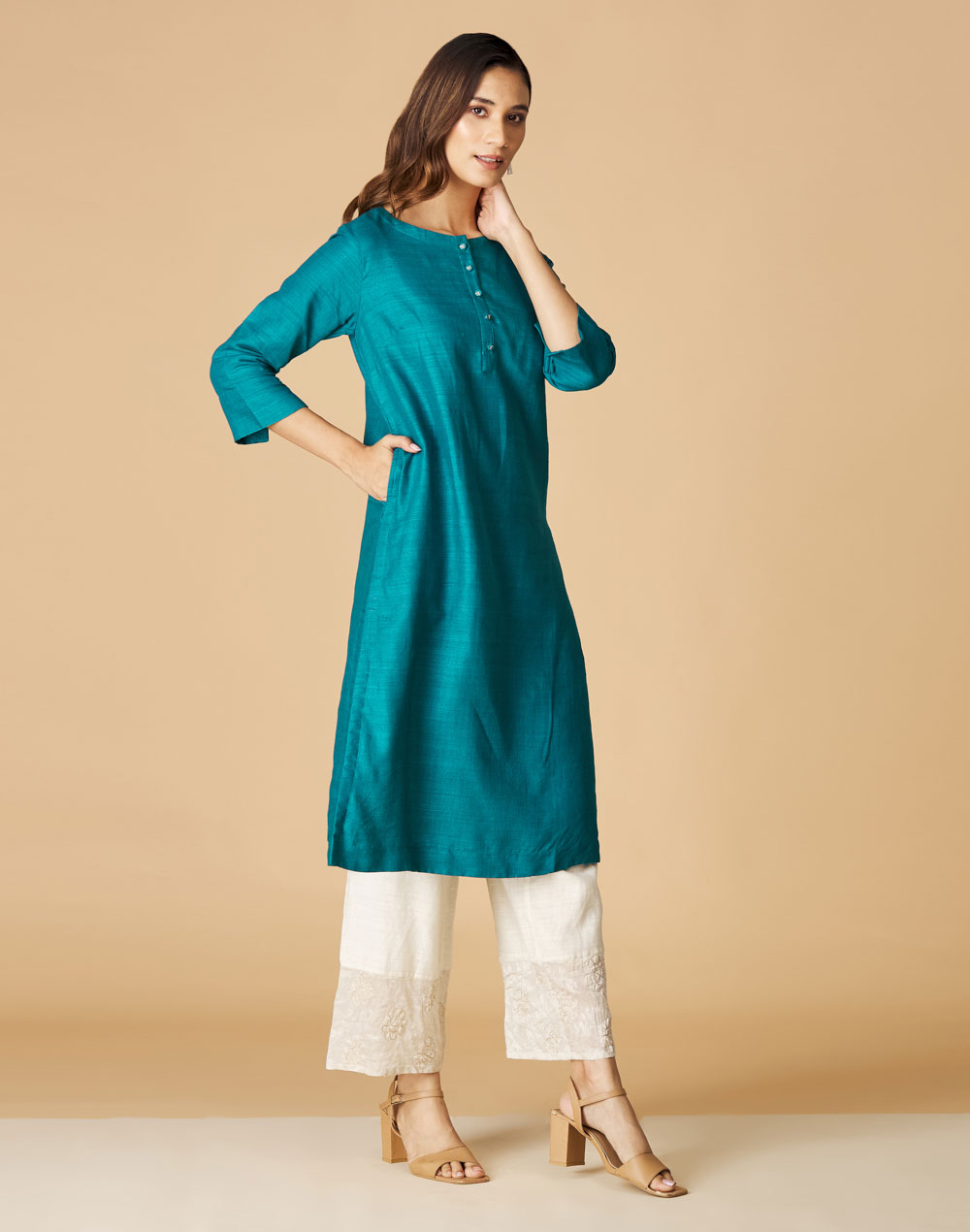 Buy Turquoise Silk Woven Long Kurta for Women Online at Fabindia | 20029623