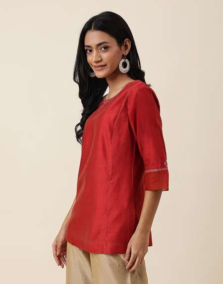 Buy Red Cotton Silk Embroidered Short Kurta for Women Online at
