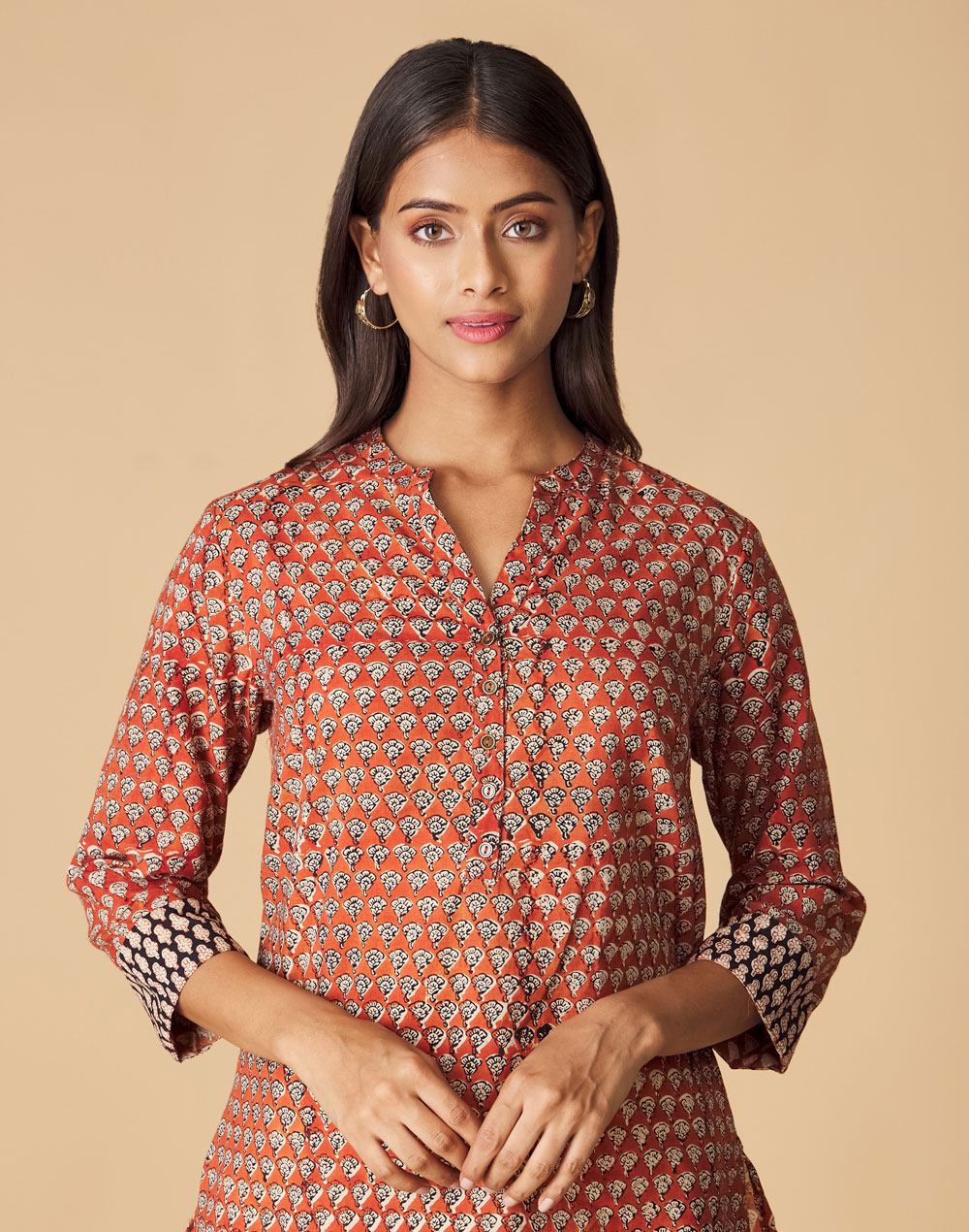 Red Cotton Bagru Printed Short Kurta