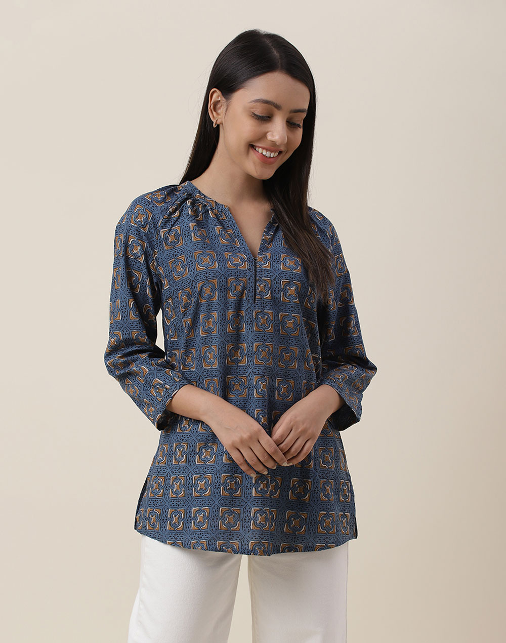 Buy Indigo Cotton Dabu Printed Short Kurta for Women Online at Fabindia ...