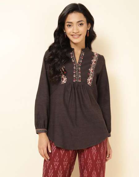 Brown Cotton Embroidered Top - Main Image