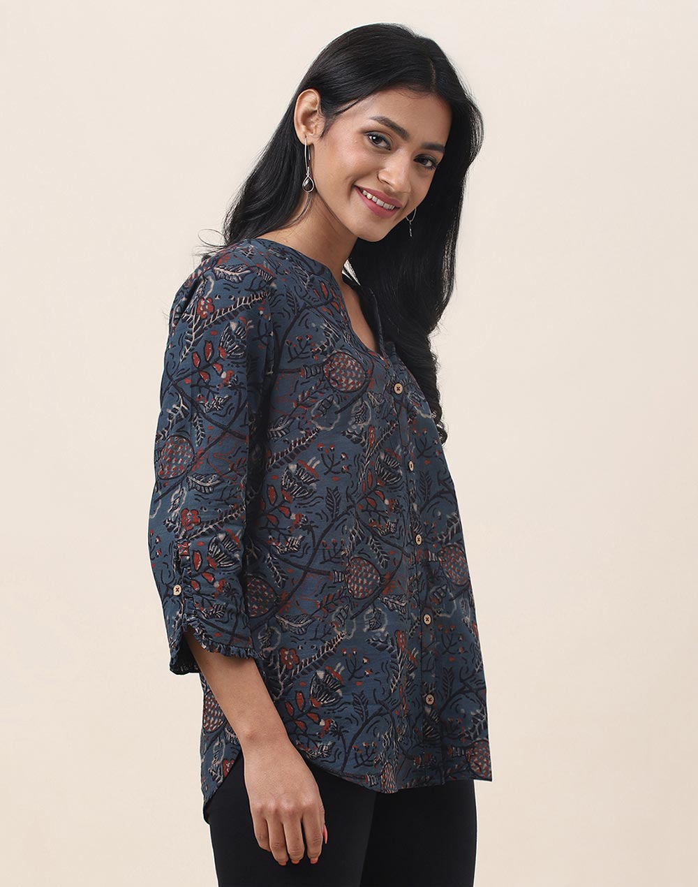 Blue Cotton Printed Dabu Shirt