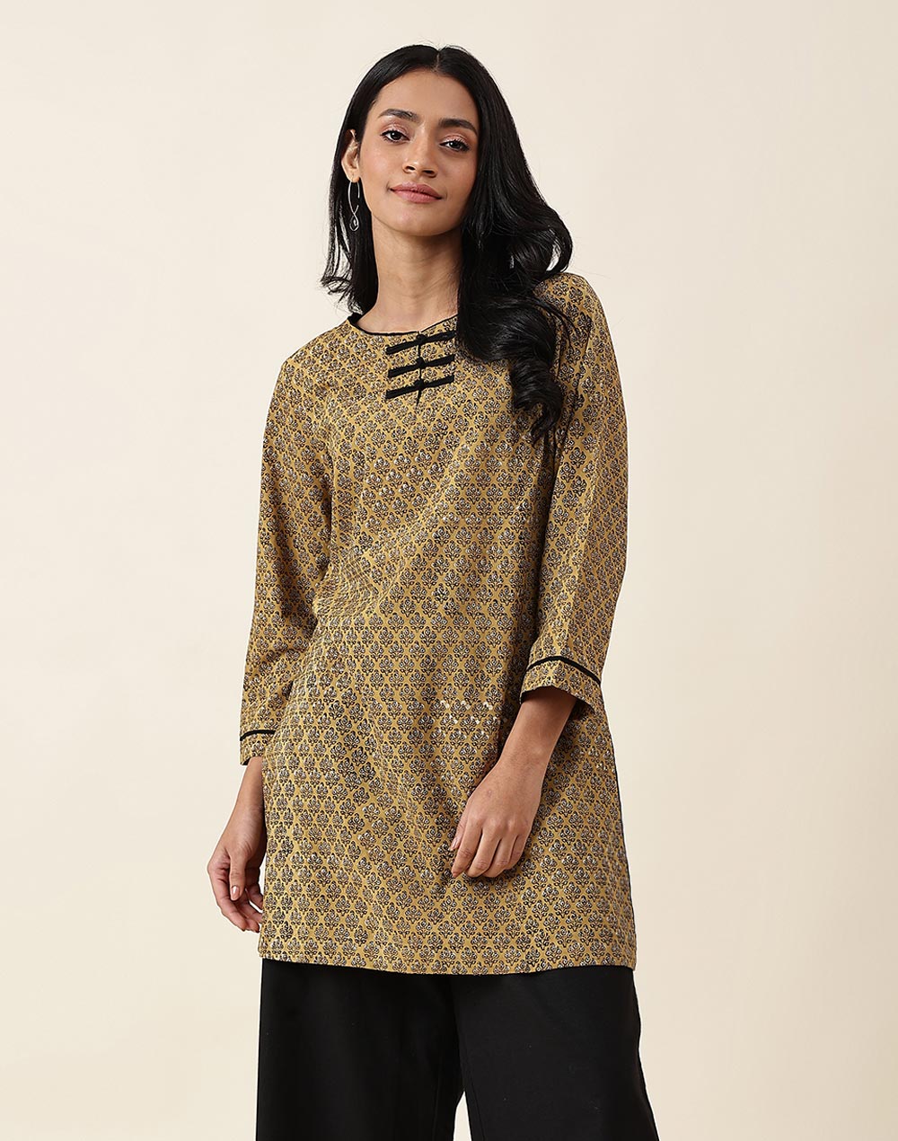 Mustard Cotton Printed Bagru Short Kurta