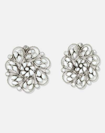 Silver White Glass Flower Motif Stud Earring Silver White Glass Flower Motif Stud Earring