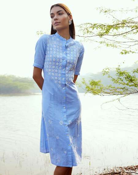 cotton chikankari dress for women Sabana Women's Lucknowi Handcrafted Mul Cotton Chikankari Anarkali Dress- HONC0164020 XS / Blue / Mul Cotton
