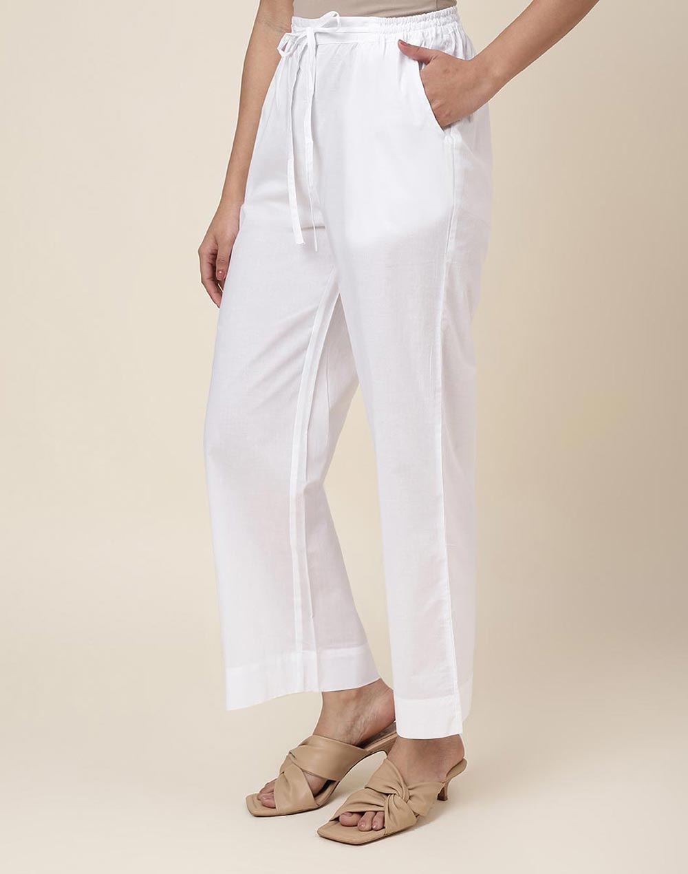 White Cotton Ankle Length Tapered Casual Pant