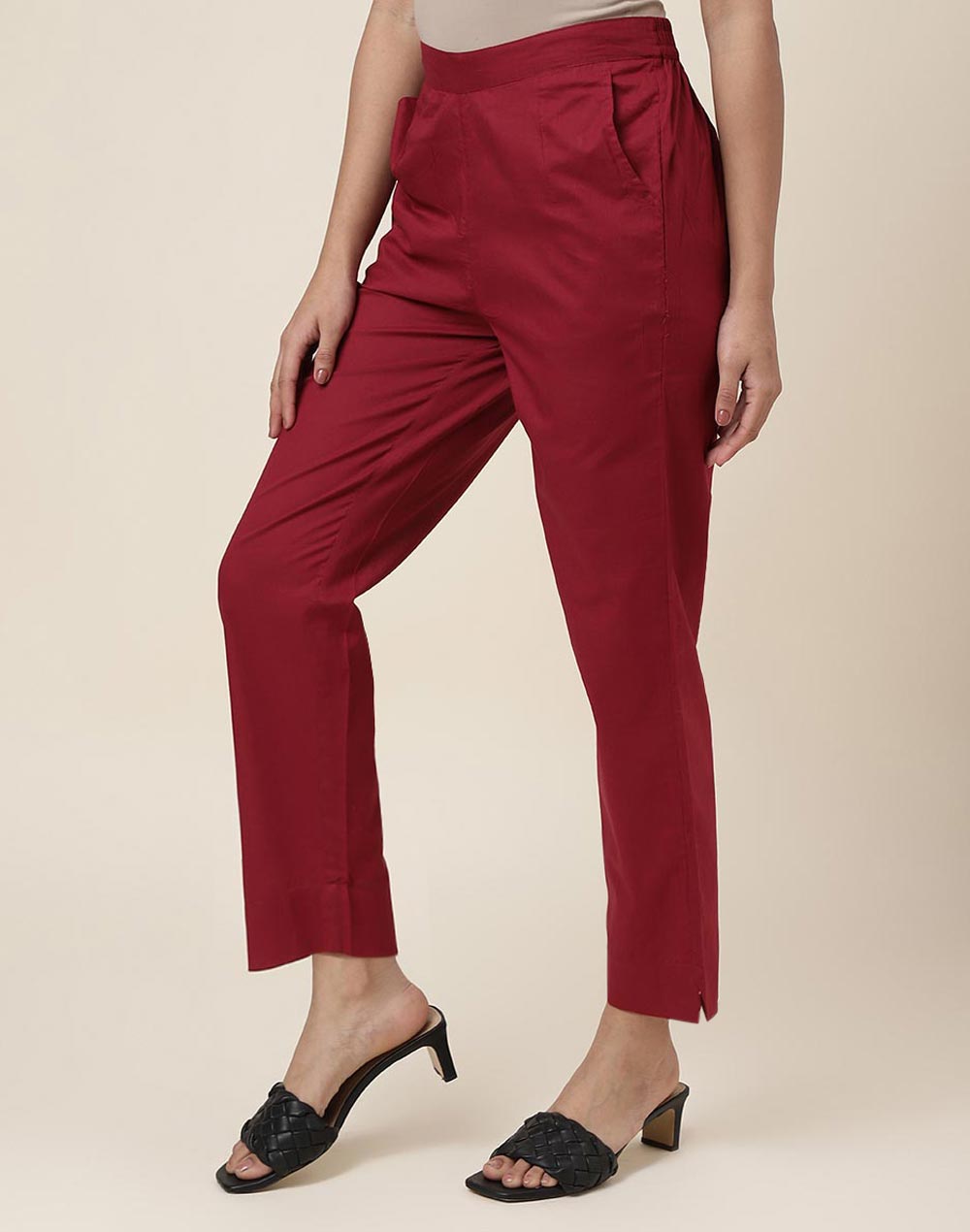Maroon Cotton Ankle Length Casual Tapered Pant