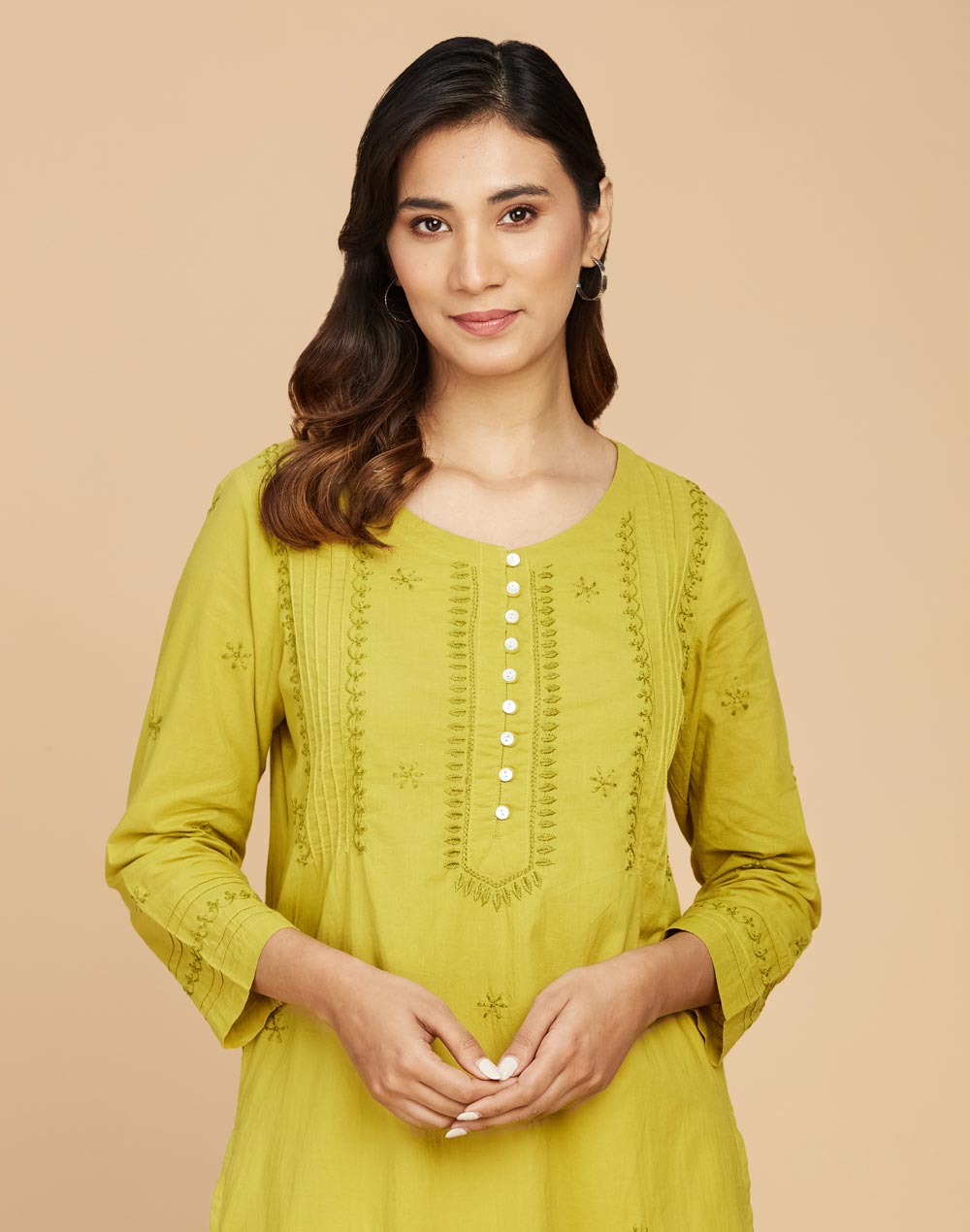 Buy Green Cotton Chikankari Long Kurta for Women Online at Fabindia ...