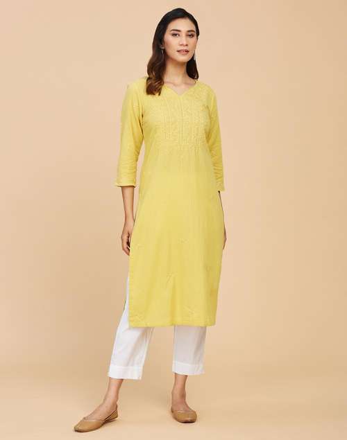 Yellow Cotton Chikankari Long Kurta Yellow Cotton Chikankari Long Kurta