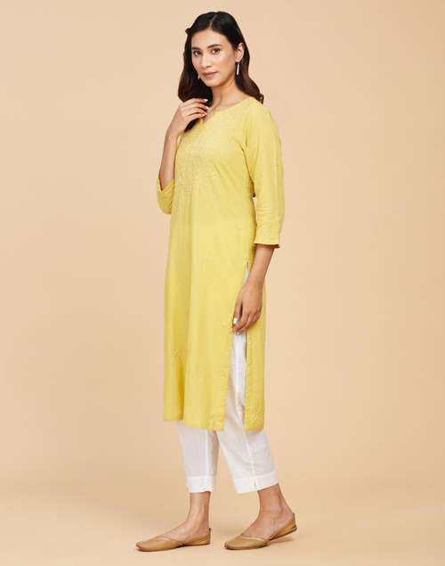 Yellow Cotton Chikankari Long Kurta Yellow Cotton Chikankari Long Kurta
