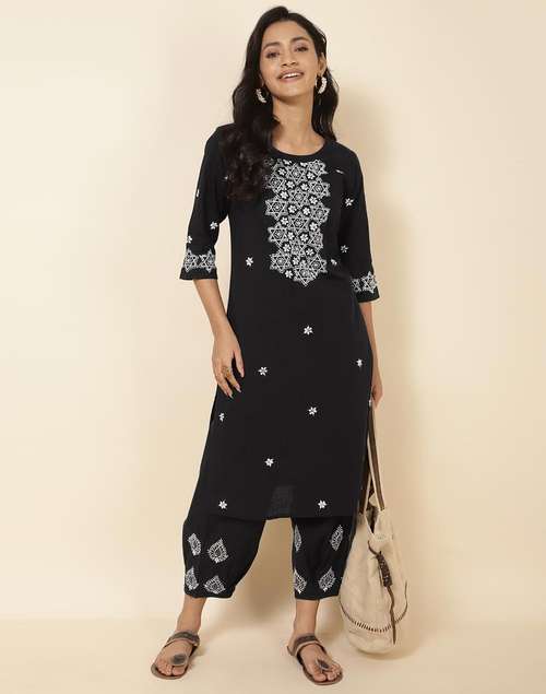 Black Cotton Chikankari Knee Length Kurta Black Cotton Chikankari Knee Length Kurta