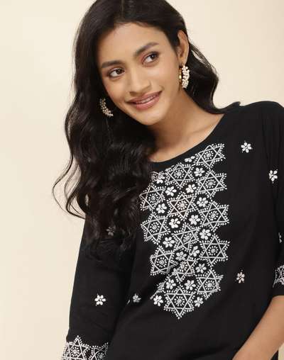Black Cotton Chikankari Knee Length Kurta Black Cotton Chikankari Knee Length Kurta