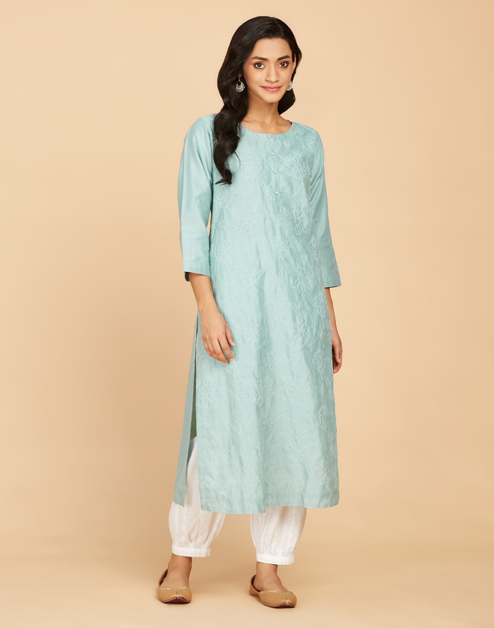 Buy Blue Cotton Silk Embroidered Kurta Long for Women Online at ...