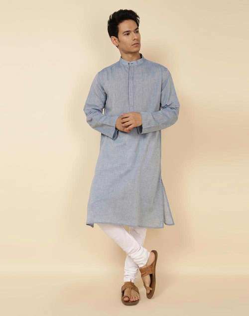 Blue Cotton Woven Long Kurta Blue Cotton Woven Long Kurta
