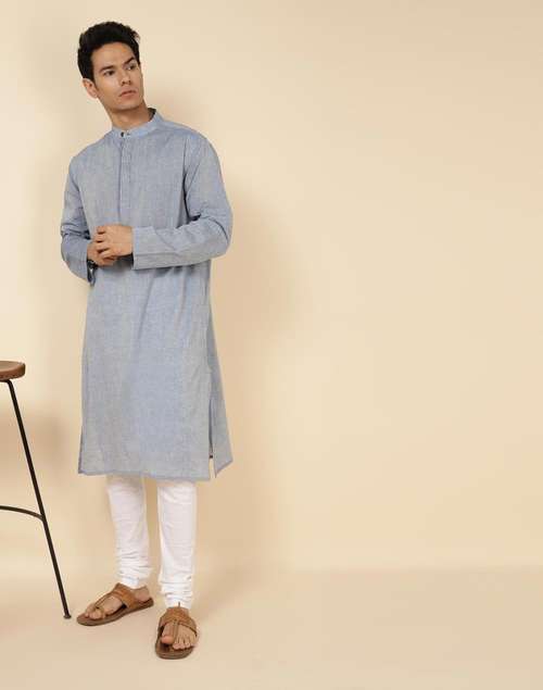 Blue Cotton Woven Long Kurta Blue Cotton Woven Long Kurta