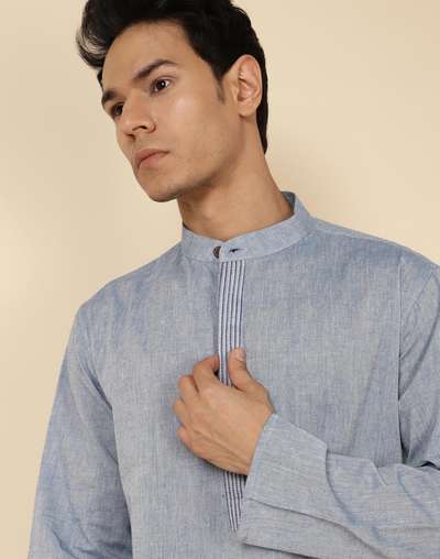 Blue Cotton Woven Long Kurta Blue Cotton Woven Long Kurta