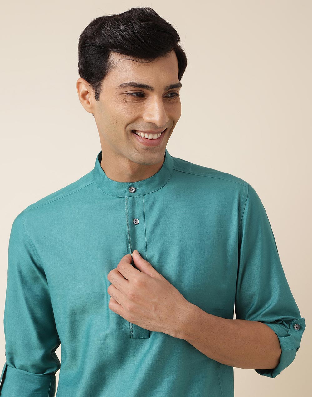 Buy Teal Viscose Silk Hand Embroidered Slim Fit Short Kurta for Men ...