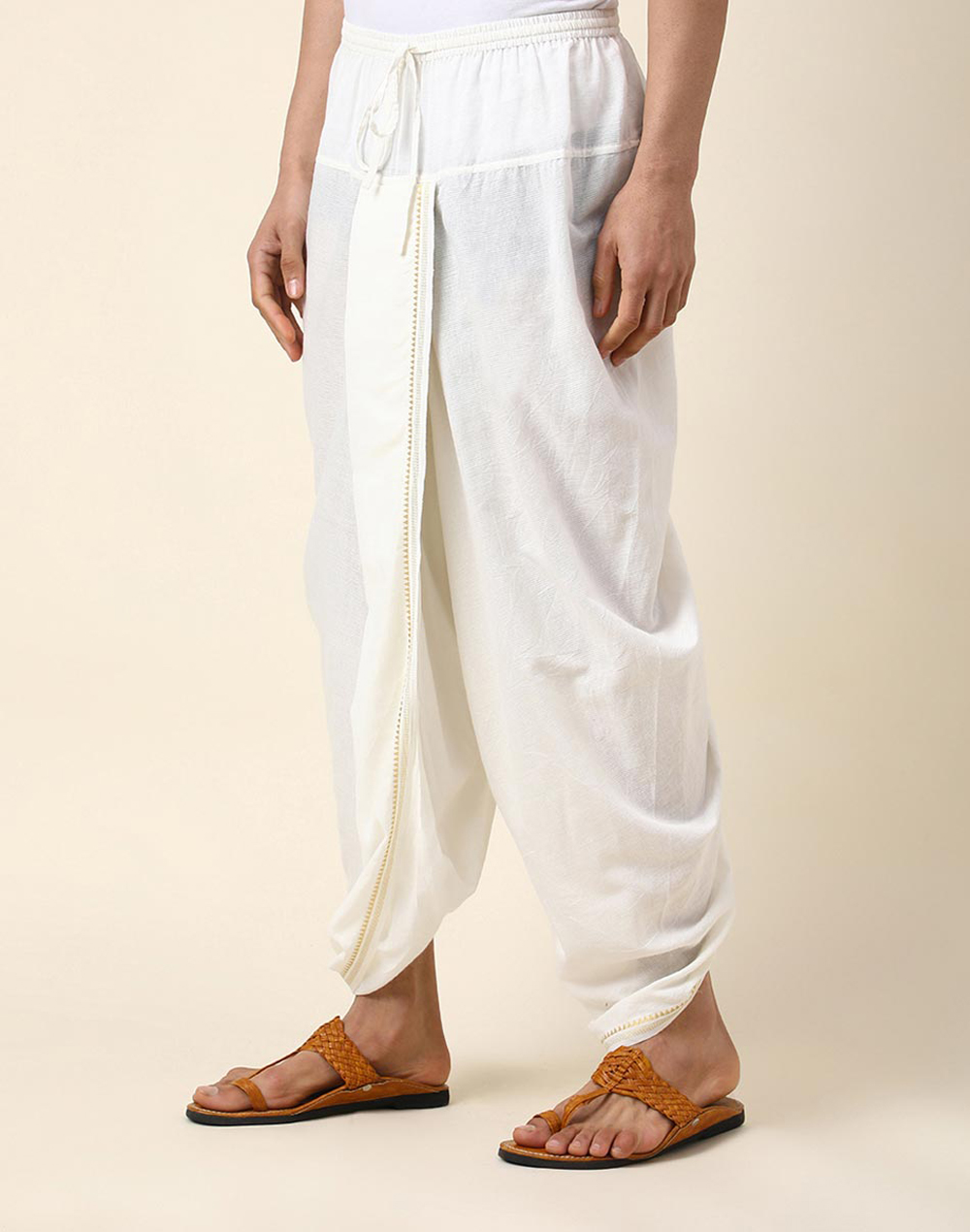 Buy White Cotton Blend Woven Dhoti for Men Online at Fabindia | 20063303