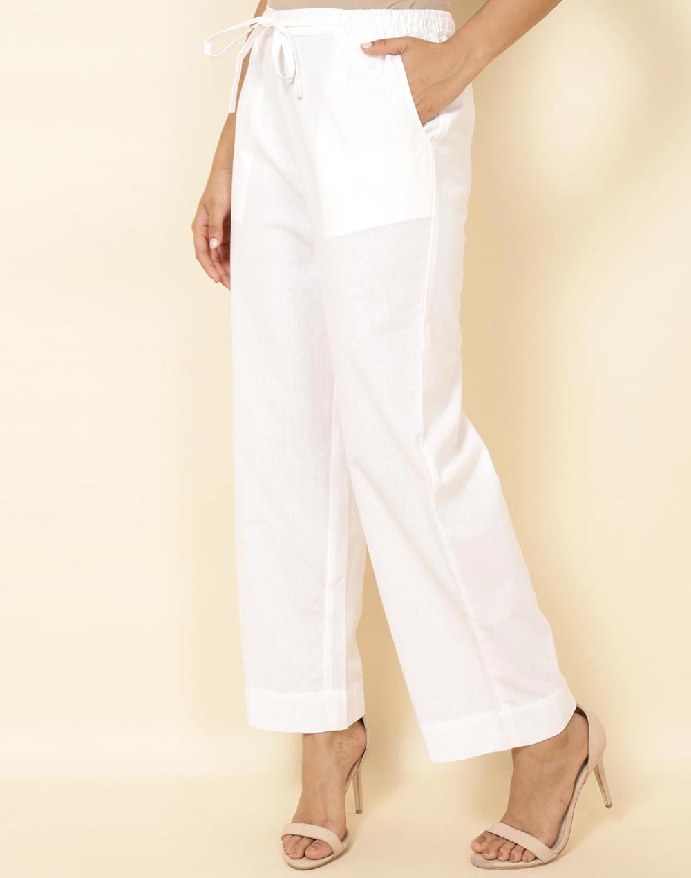 Buy White Cotton Ankle Length Tapered Casual Pant for Women Online