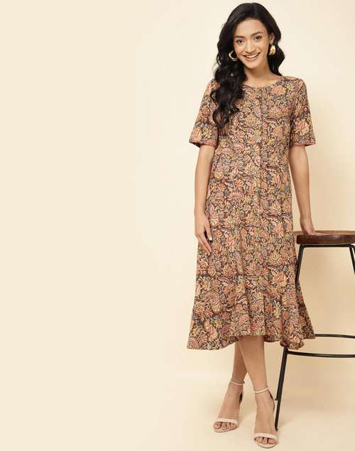 Mustard Cotton Printed Midi Dress Mustard Cotton Printed Midi Dress