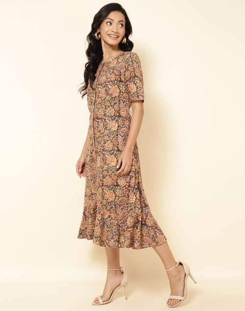 Mustard Cotton Printed Midi Dress Mustard Cotton Printed Midi Dress