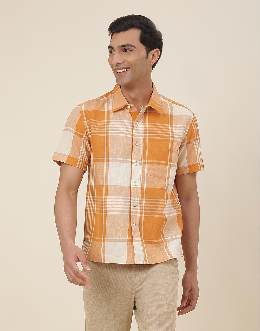 Orange Cotton Checks Straight Fit Shirt Orange Cotton Checks Straight Fit Shirt
