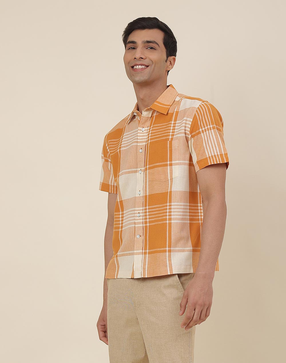 Orange Cotton Checks Straight Fit Shirt Orange Cotton Checks Straight Fit Shirt