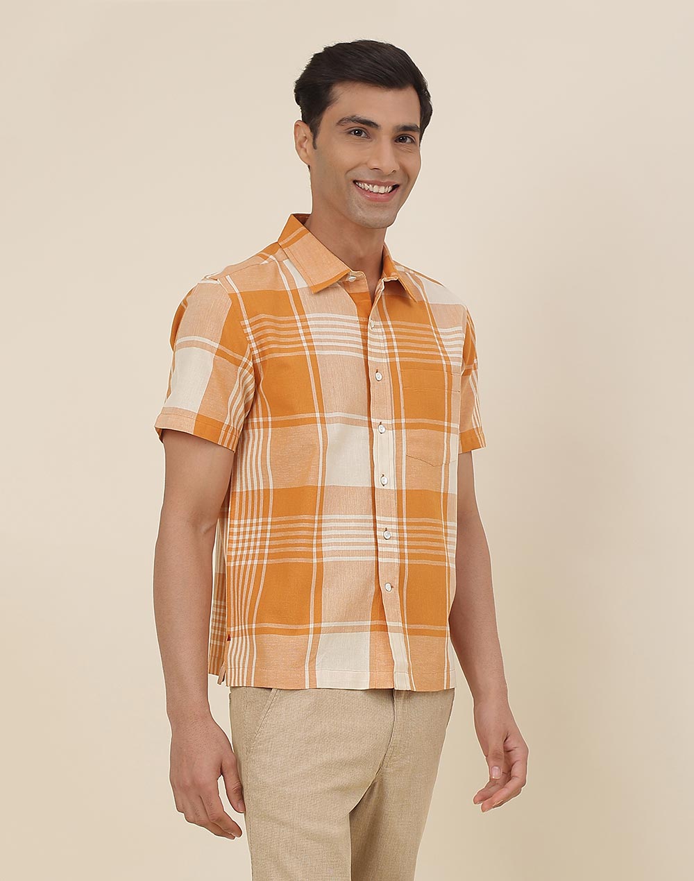 Orange Cotton Checks Straight Fit Shirt Orange Cotton Checks Straight Fit Shirt