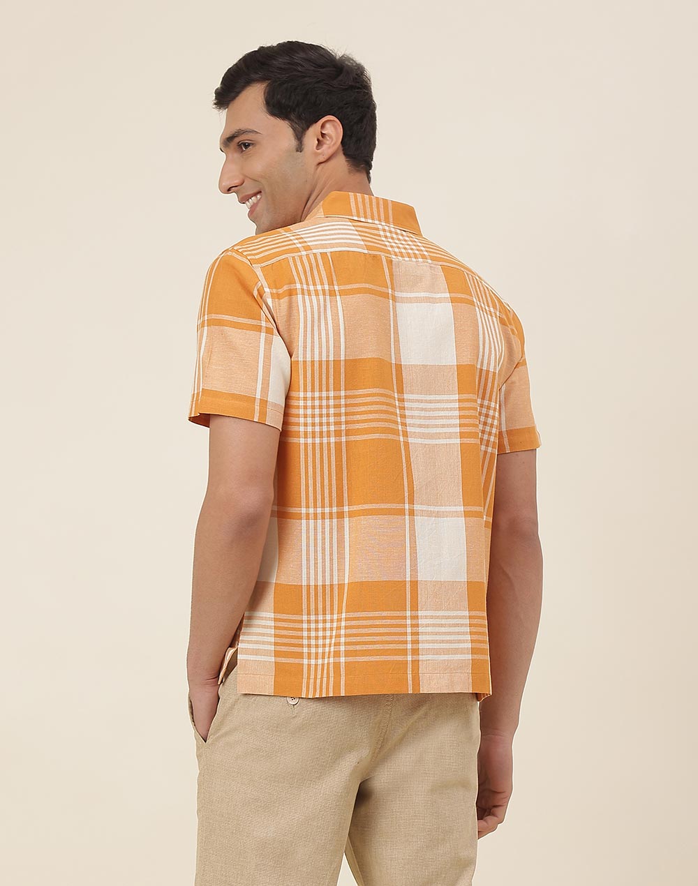 Orange Cotton Checks Straight Fit Shirt Orange Cotton Checks Straight Fit Shirt