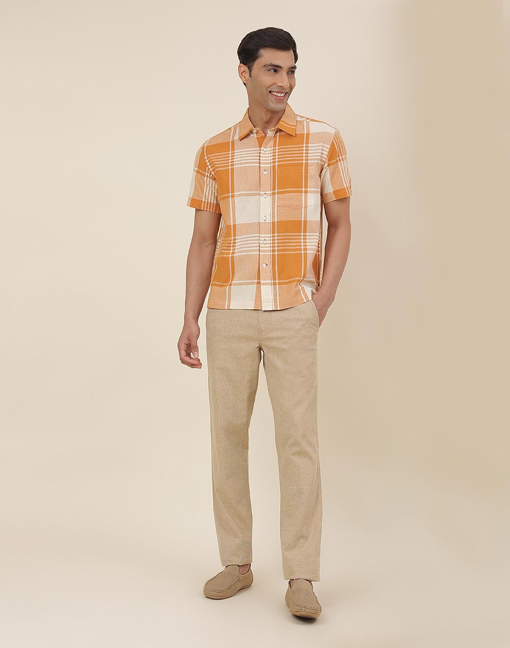 Orange Cotton Checks Straight Fit Shirt Orange Cotton Checks Straight Fit Shirt