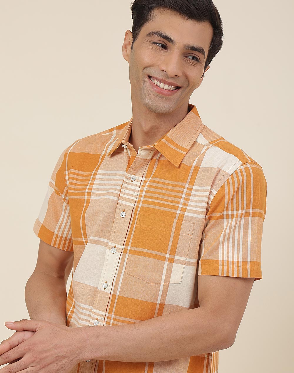 Orange Cotton Checks Straight Fit Shirt Orange Cotton Checks Straight Fit Shirt