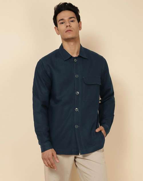 Blue Cotton Linen Slim Fit Utility Jacket Blue Cotton Linen Slim Fit Utility Jacket