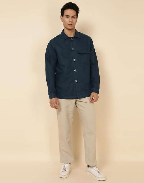 Blue Cotton Linen Slim Fit Utility Jacket Blue Cotton Linen Slim Fit Utility Jacket