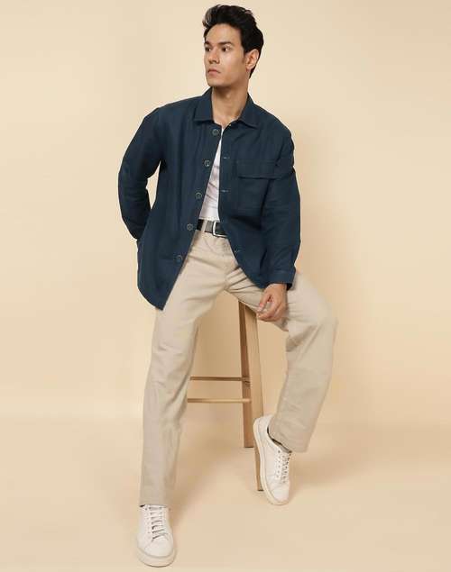Blue Cotton Linen Slim Fit Utility Jacket Blue Cotton Linen Slim Fit Utility Jacket