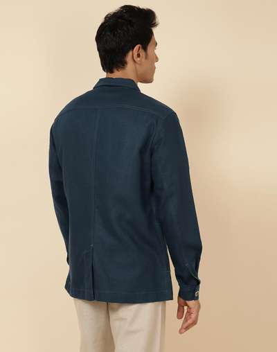 Blue Cotton Linen Slim Fit Utility Jacket Blue Cotton Linen Slim Fit Utility Jacket