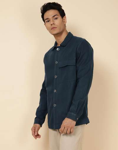 Blue Cotton Linen Slim Fit Utility Jacket Blue Cotton Linen Slim Fit Utility Jacket
