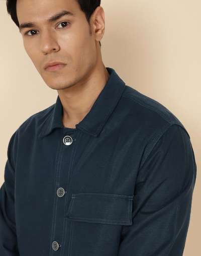 Blue Cotton Linen Slim Fit Utility Jacket Blue Cotton Linen Slim Fit Utility Jacket