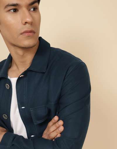 Blue Cotton Linen Slim Fit Utility Jacket Blue Cotton Linen Slim Fit Utility Jacket
