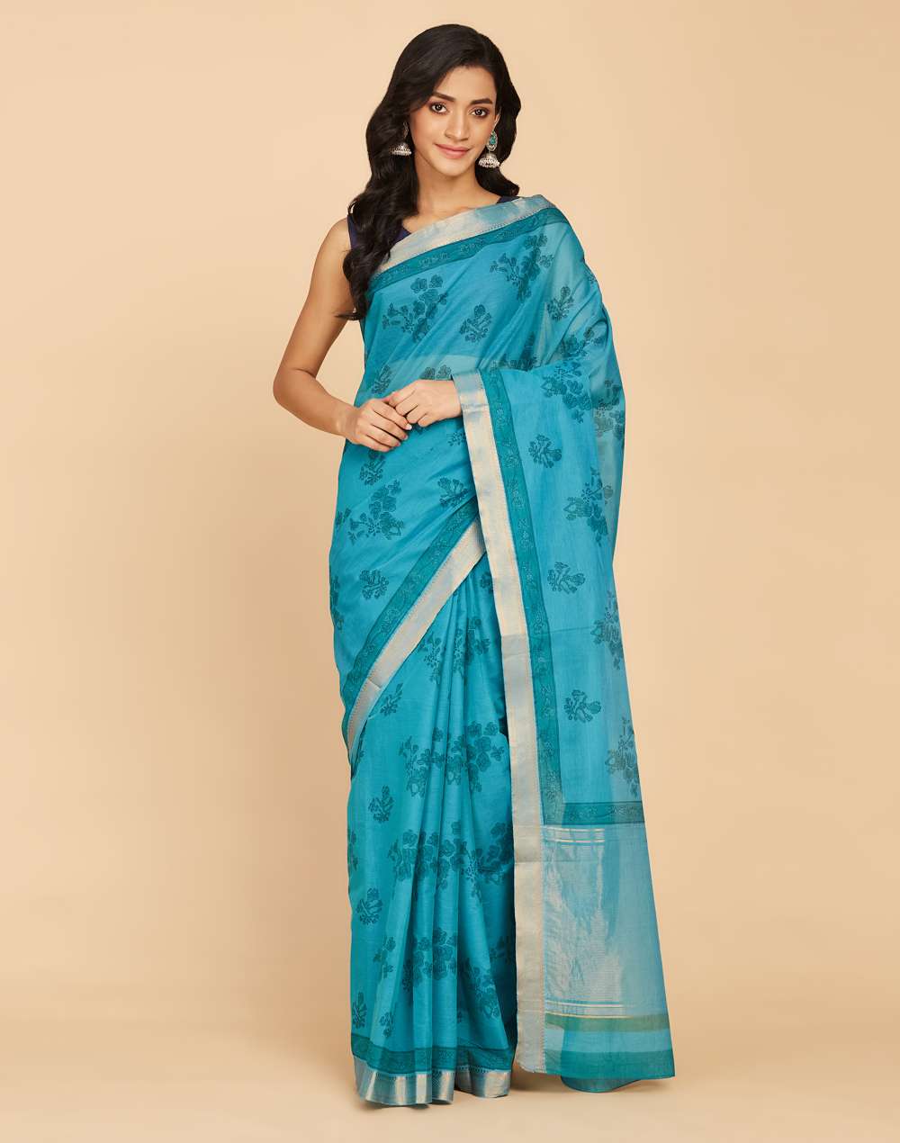 Buy Turquoise Cotton Hand Block Printed Sari for Women Online at ...