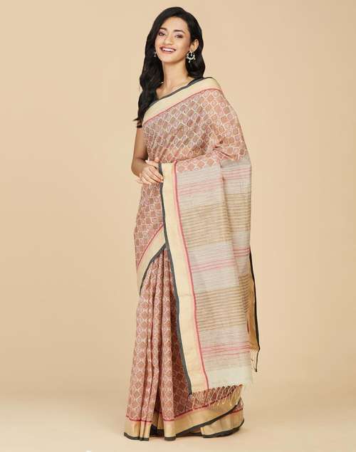 Buy Beige Cotton Silk Hand Block Printed Sari for Women Online at ...