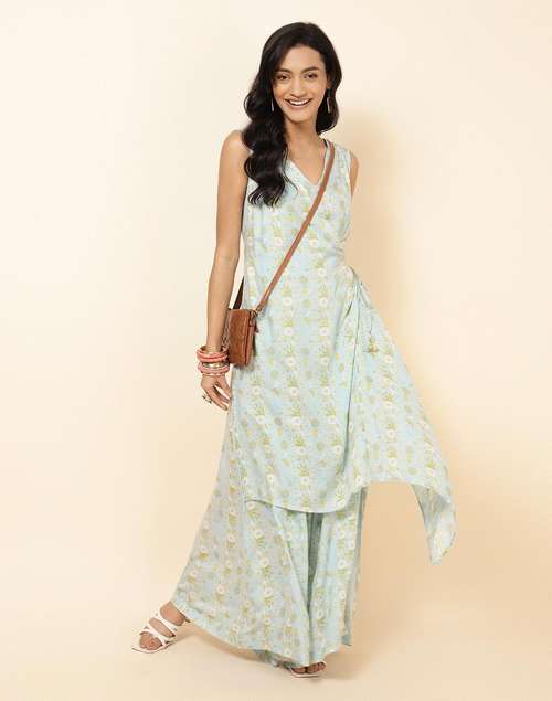 NUIndian Turquoise Modal Printed Ethnic Jumpsuit NUIndian Turquoise Modal Printed Ethnic Jumpsuit
