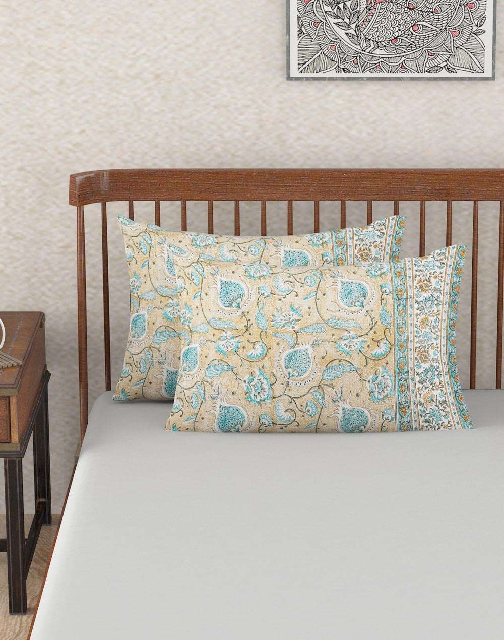 Beige Printed Cotton Pillow Cover